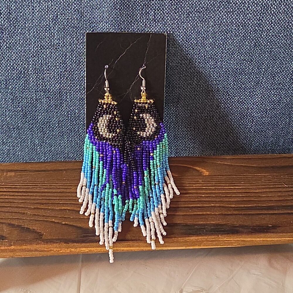 Boho Celestial Moon Seed Bead Fringe Dangle Earrings - Picture 11 of 16
